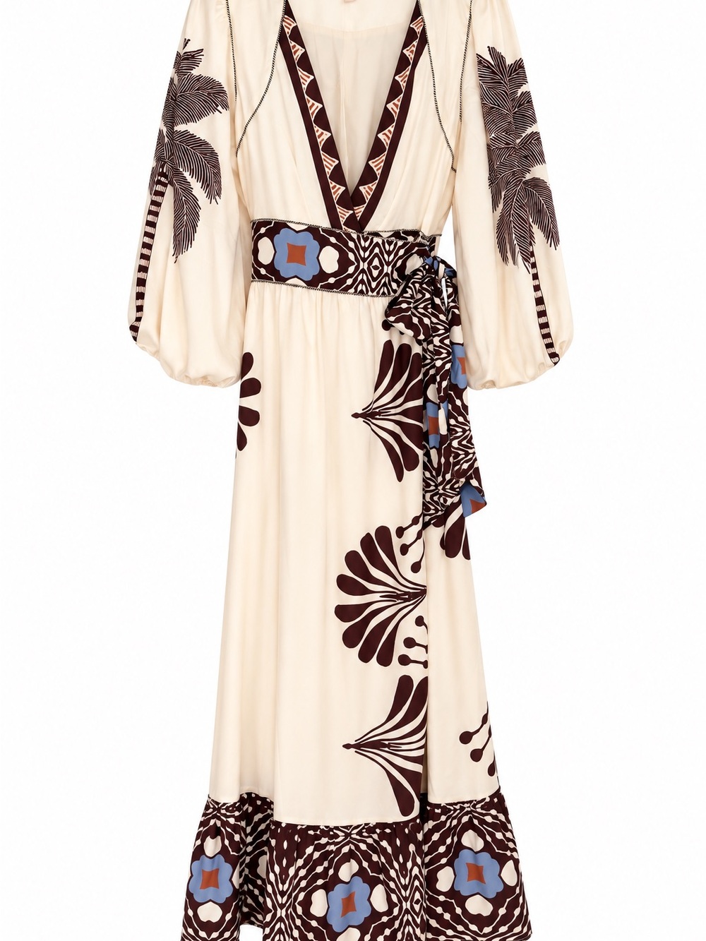 Boho Cream Maxi Dress with Brown & Blue Floral Print